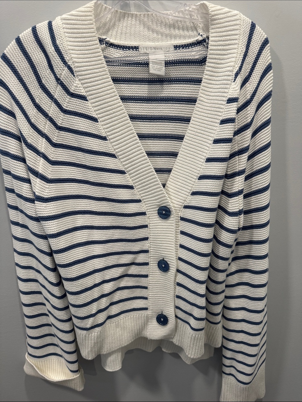 Design History White and Navy Striped V-Neck Button Cardigan